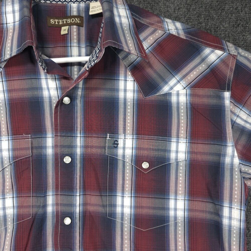 Stetson Western Snap Shirt Mens M Burgundy Navy Plaid Pearl Snap Cotton